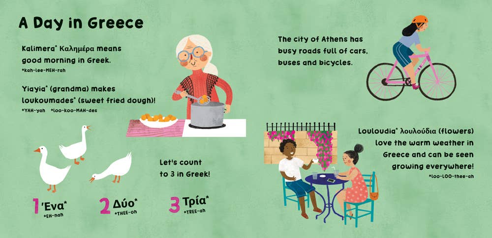 Illustration of sweet, fluffy loukoumades in Our World: Greece, highlighting a traditional Greek treat.