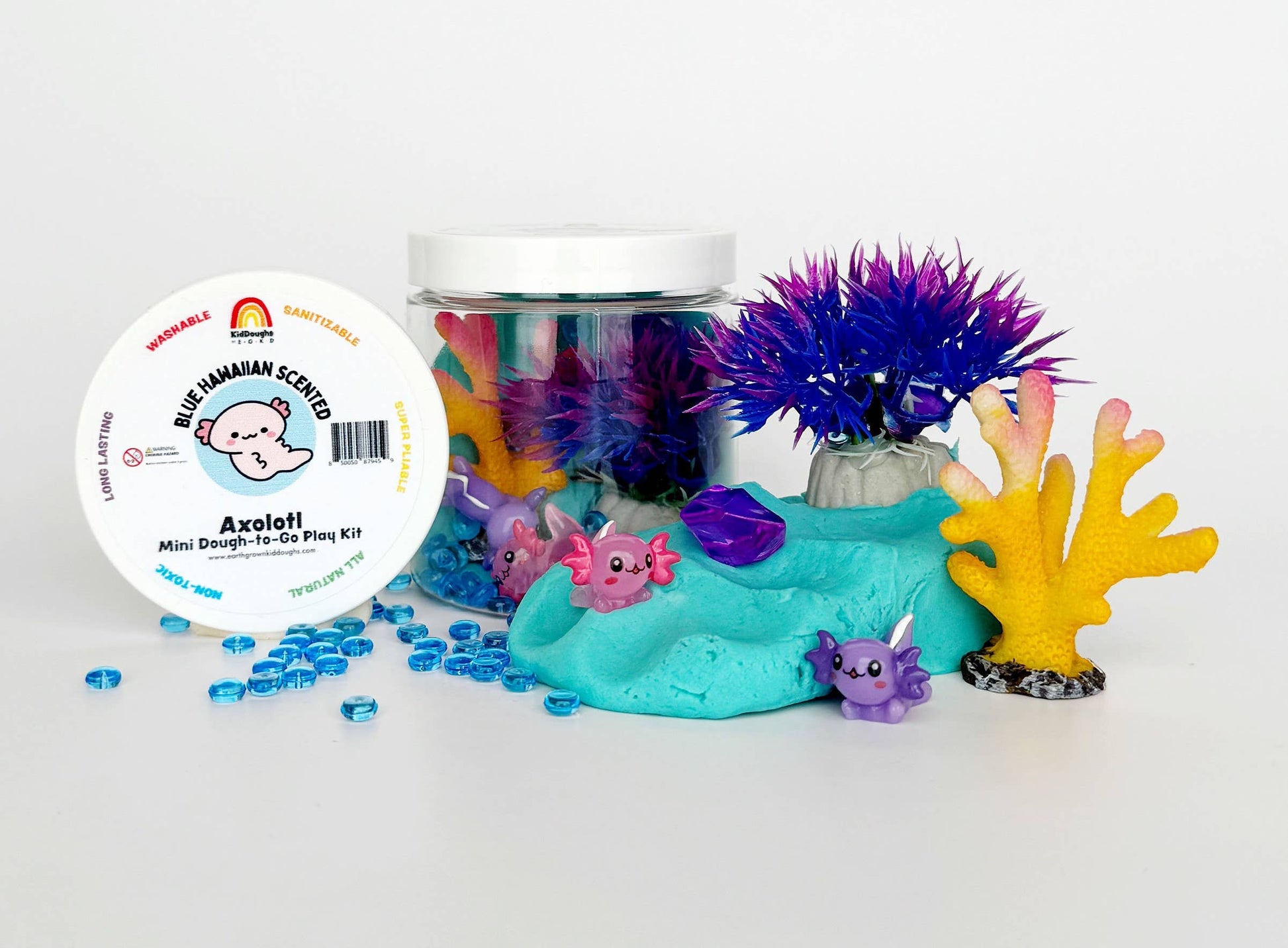 Front view of Axolotl Blue Hawaiian Mini Dough To Go from J&J Shop Online showcasing the vibrant blue color and Hawaiian theme.