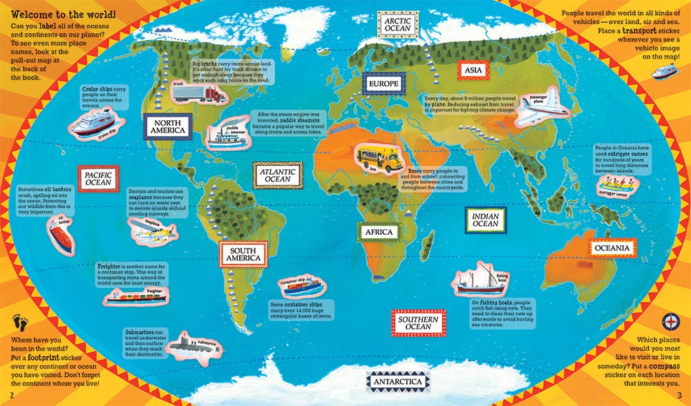 Sticker pages of Barefoot Books World Atlas Sticker Book from J&J Shop Online showing various stickers included for interactive learning.