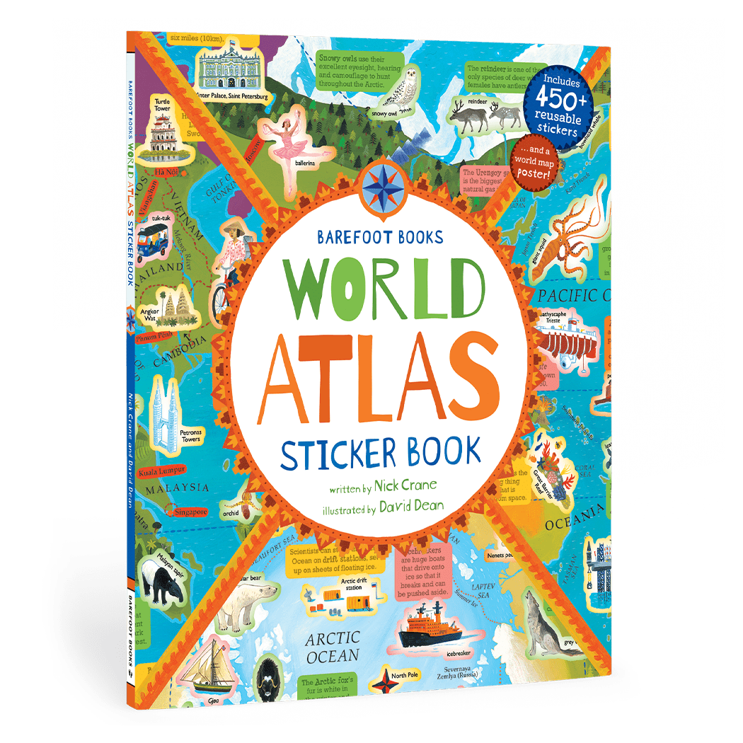 Front cover of Barefoot Books World Atlas Sticker Book from J&J Shop Online showcasing the colorful and educational design.