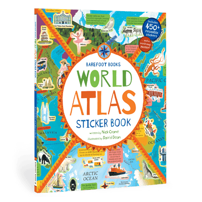 Front cover of Barefoot Books World Atlas Sticker Book from J&J Shop Online showcasing the colorful and educational design.