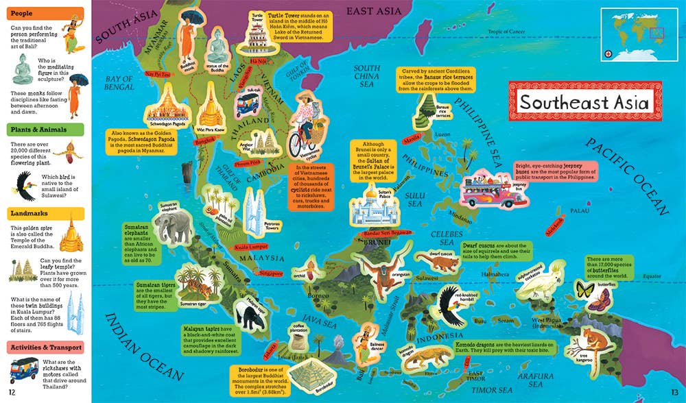 Inside pages of Barefoot Books World Atlas Sticker Book from J&J Shop Online highlighting the interactive and educational content.