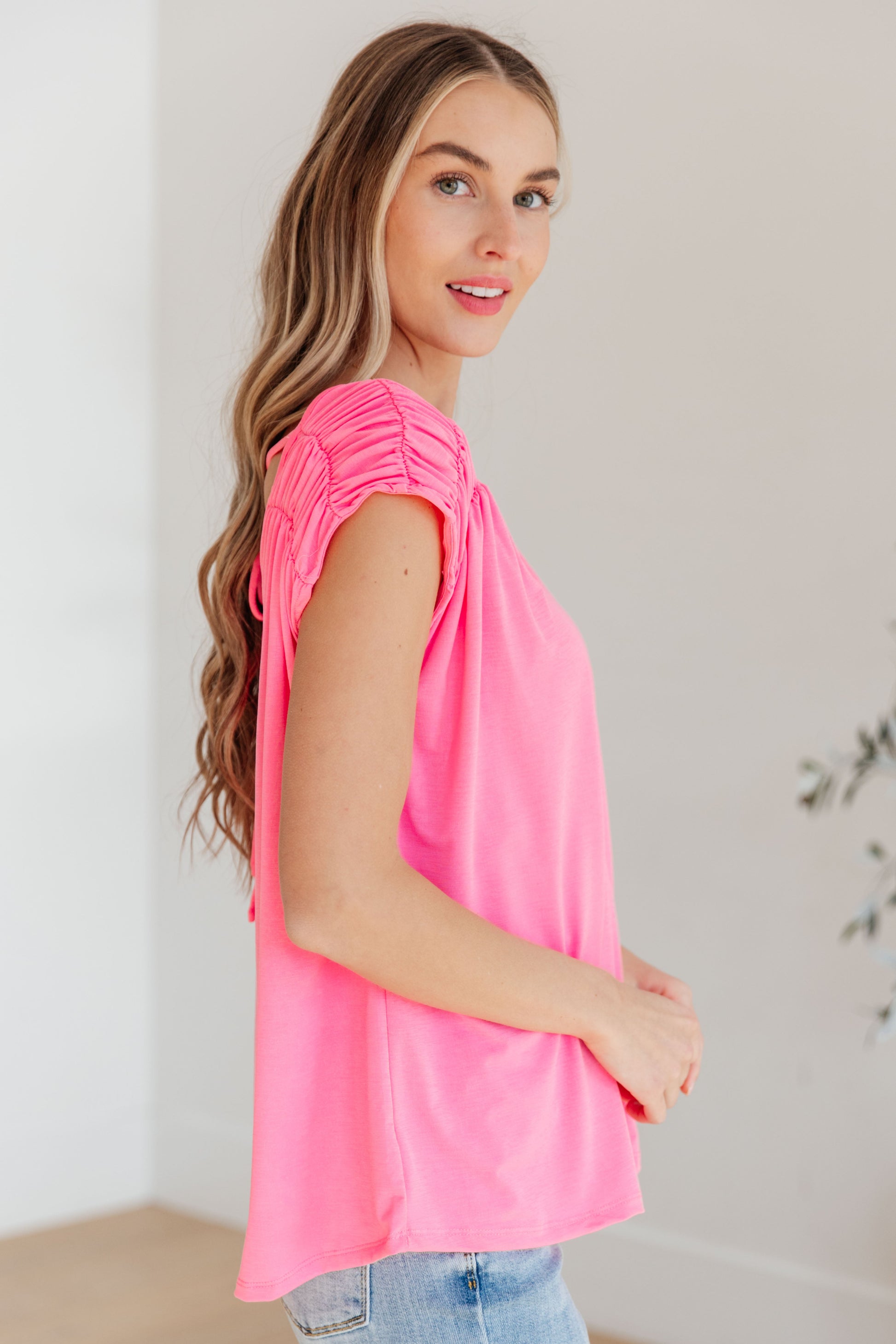 Neon Pink Top made with Bulgari fabric from J&J SHOP ONLINE, offering a comfortable and cooling wear with gathered shoulders.