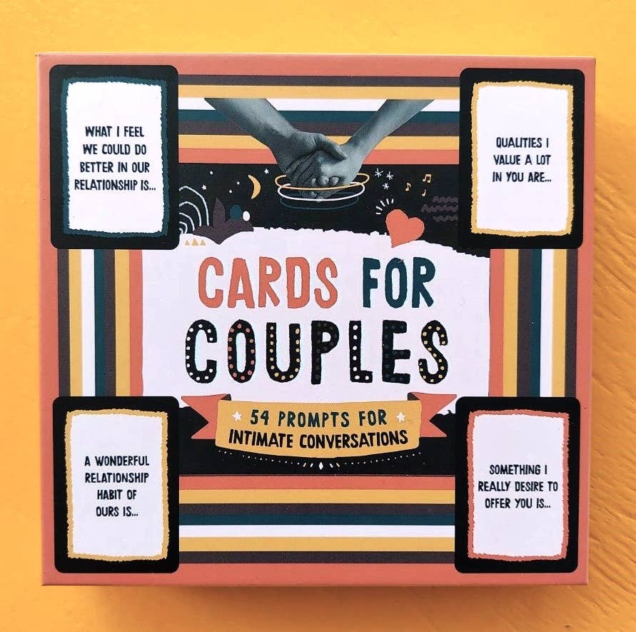 Back view of Cards for Couples: 54 Prompts for Intimate Conversations from J&J Shop Online displaying the card descriptions.