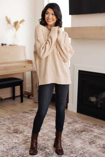 Cozy Terrifically Textured Sweater in Mocha from J&J SHOP ONLINE, highlighting its super-soft and stretchy fabric with a stylish slit hem.