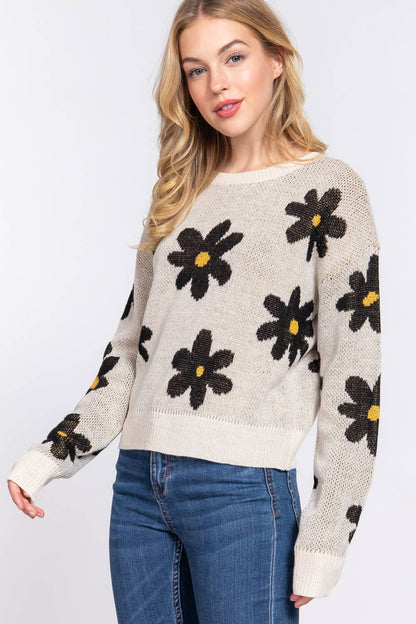 Detail of the Daisy Flower Jacquard Spring Sweater, premium quality fabric from J&J Shop Online, by 90 Day Fiancé stars Jessica and Juan