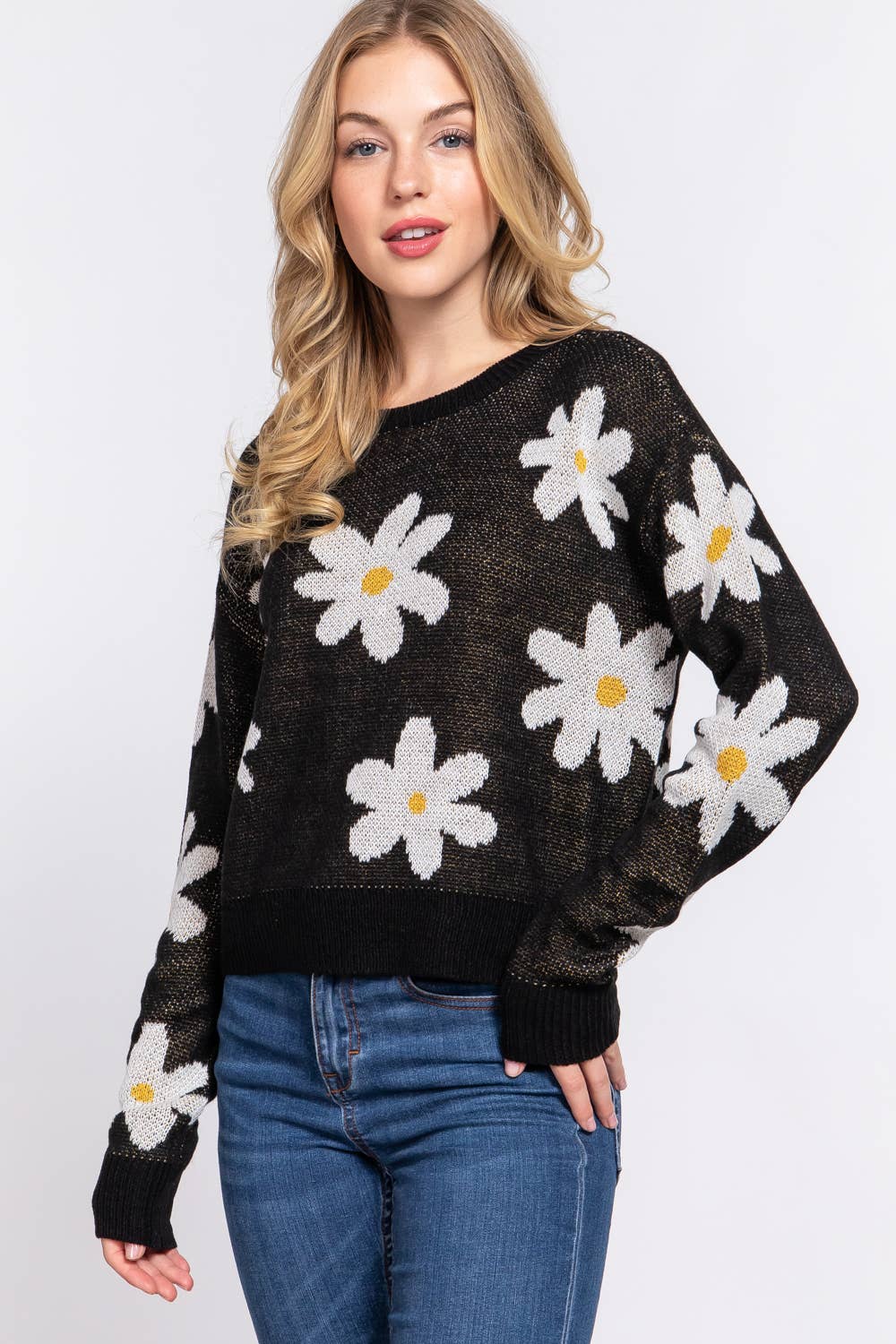 Front view of the Daisy Flower Jacquard Spring Sweater from J&J Shop Online, trendy women's fashion by 90 Day Fiancé stars Jessica and Juan