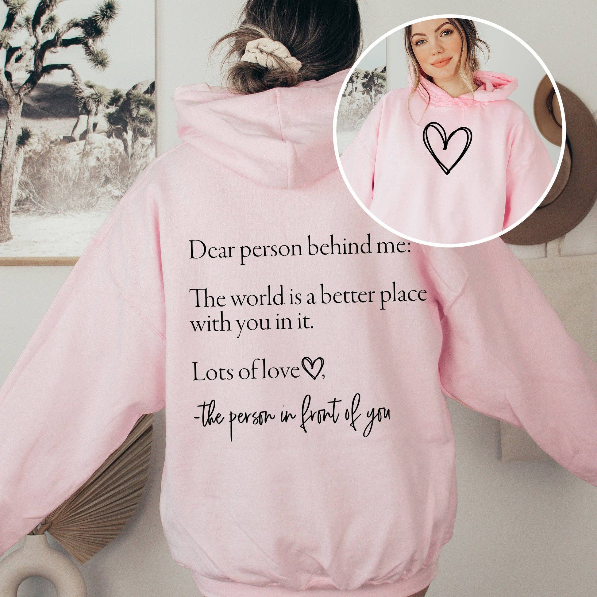 Dear Person Behind Me Heart Positivity Kindness Mental Health Tee worn by a model, highlighting its fit and message, available at J&J as seen on Jessica and Juan from 90 Day Fiancé.