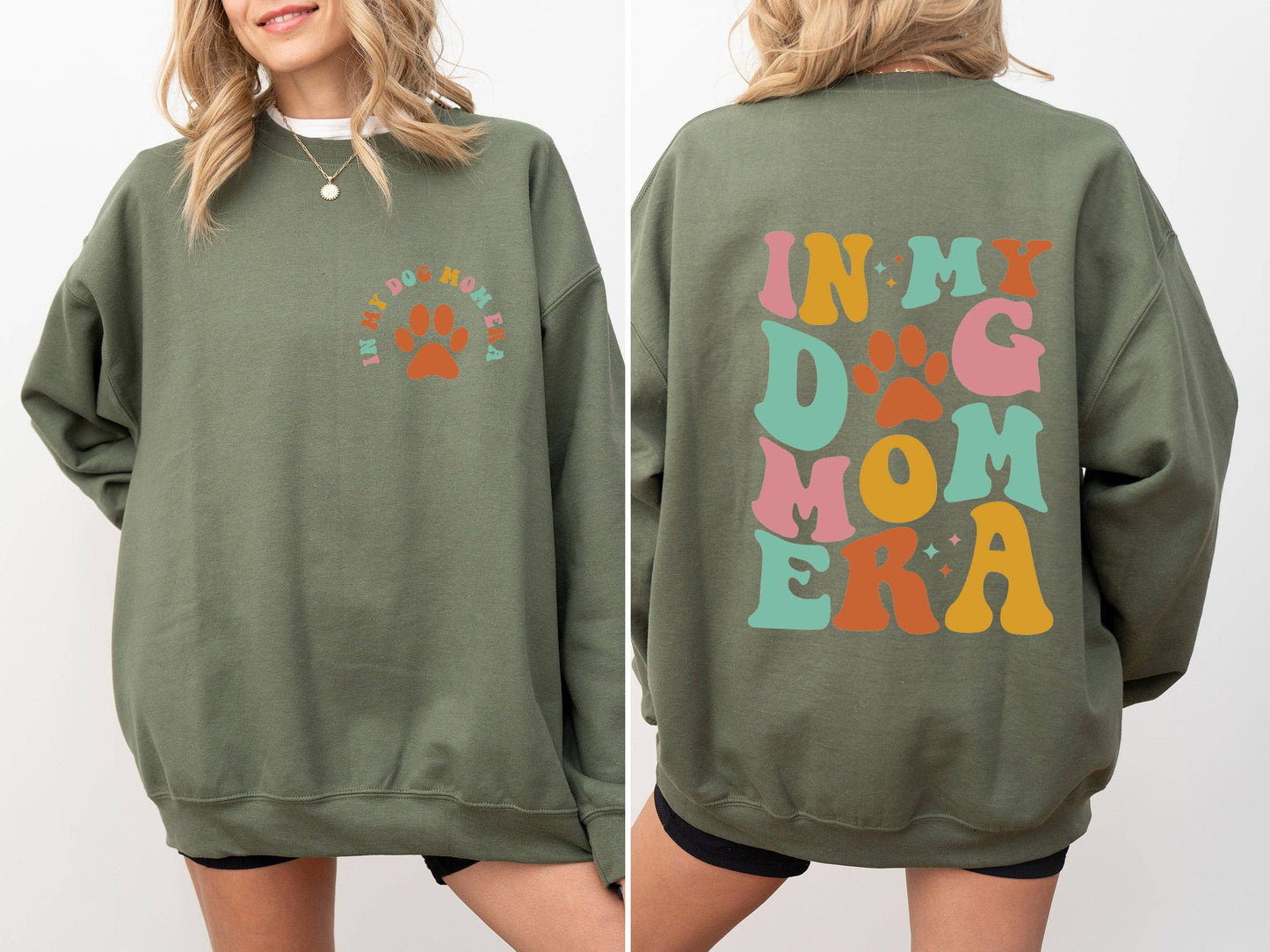 Model Jessica wearing size M of the "In My Dog Mom Era" Mother's Day Sweatshirt