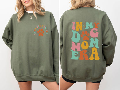 Model Jessica wearing size M of the "In My Dog Mom Era" Mother's Day Sweatshirt