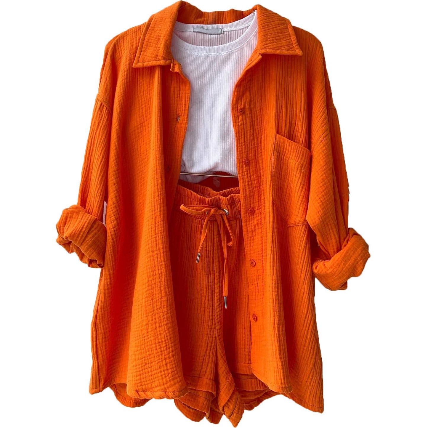 Side view of the Ladies Solid Color Top and Short Set from J&J Shop Online.