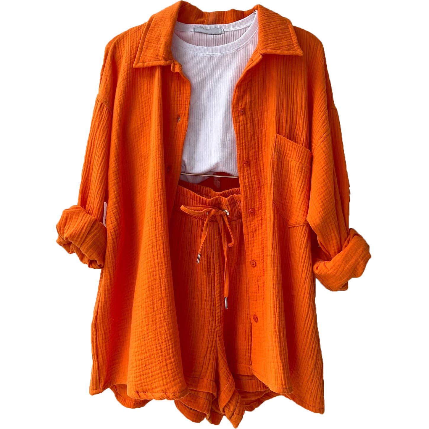 Side view of the Ladies Solid Color Top and Short Set from J&J Shop Online.