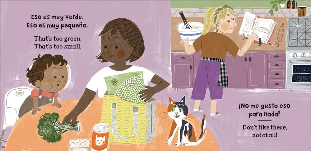 Interior pages of the bilingual book "Muy Verde Too Green," illustrating the child’s cooking adventure and family interaction, available at J&J Shop Online.