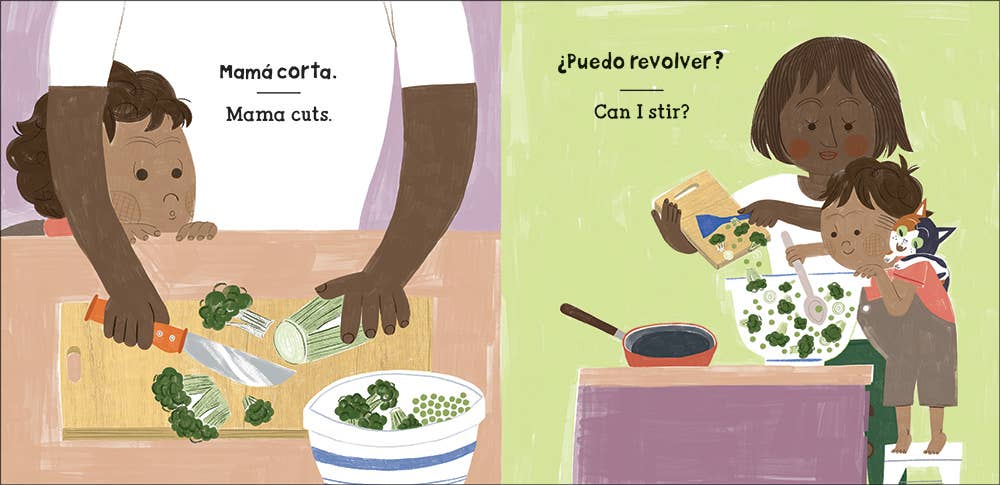 Example page from the bilingual book "Muy Verde Too Green," showing colorful illustrations and engaging text, available at J&J Shop Online.