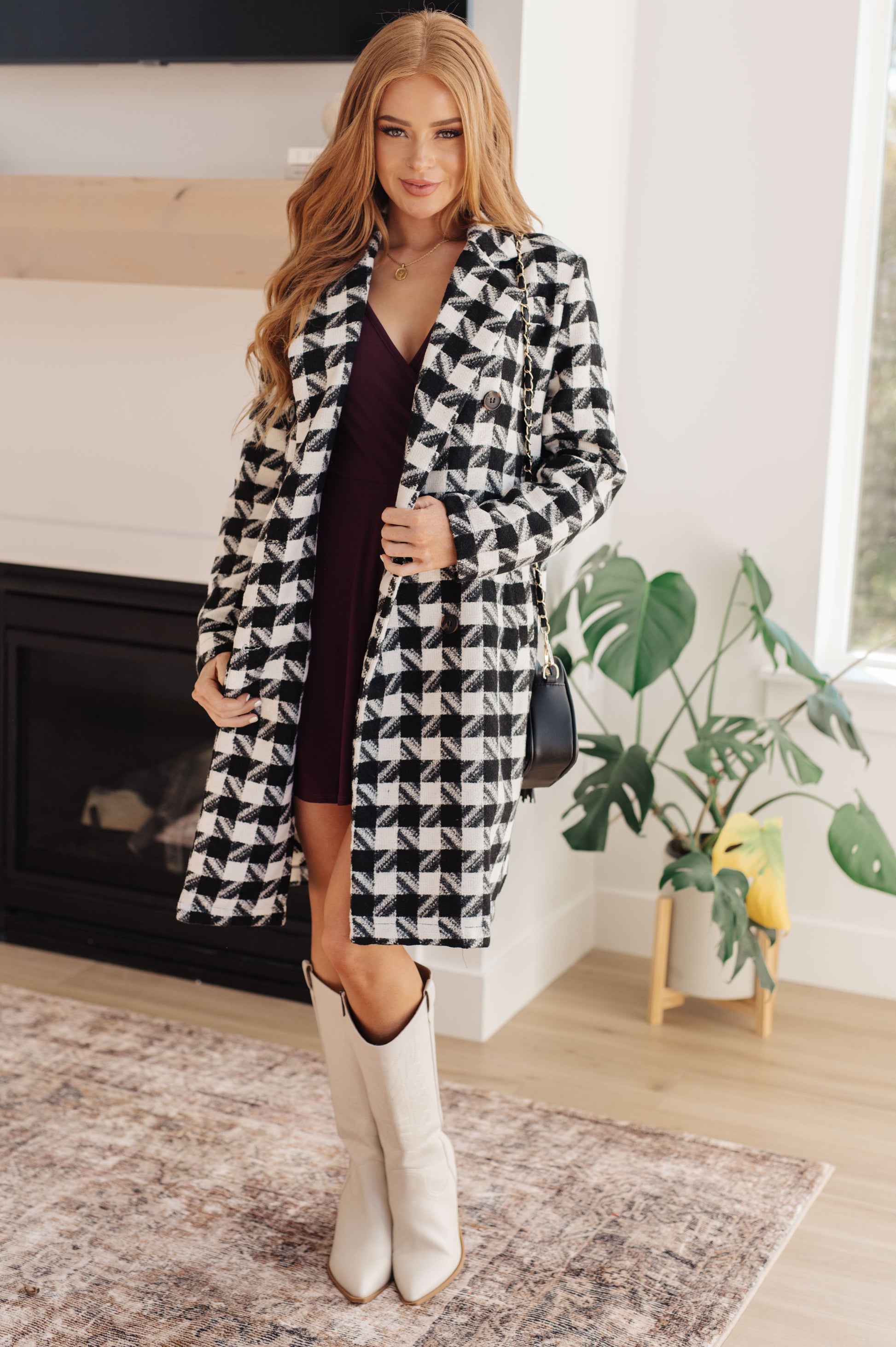 Front view of the Monochromatic Moment Houndstooth Coat from J&J Shop Online, showcasing its elegant design.