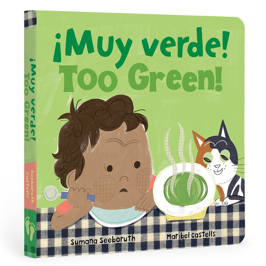 Cover of the bilingual children’s book "Muy Verde Too Green," available at J&J Shop Online, featuring a young child and their family cooking together.