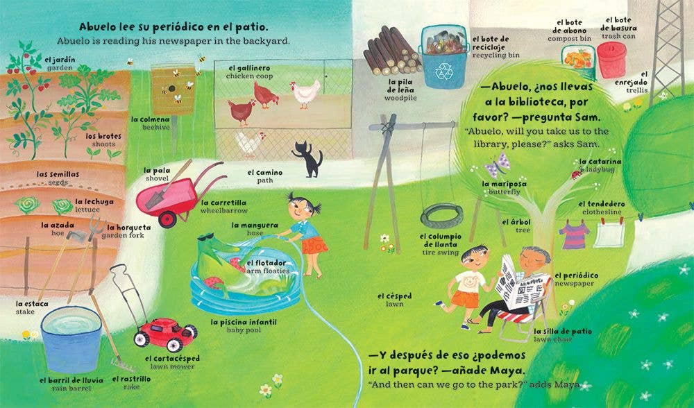  Example page from the My Big Barefoot Book of Spanish and English Words, showing bilingual vocabulary and vibrant illustrations.