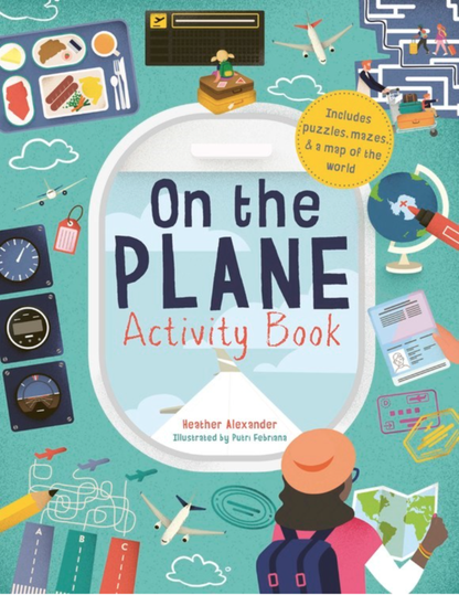 Cover of On The Plane Activity Book from J&J Shop Online, featuring a colorful design with travel-themed activities.