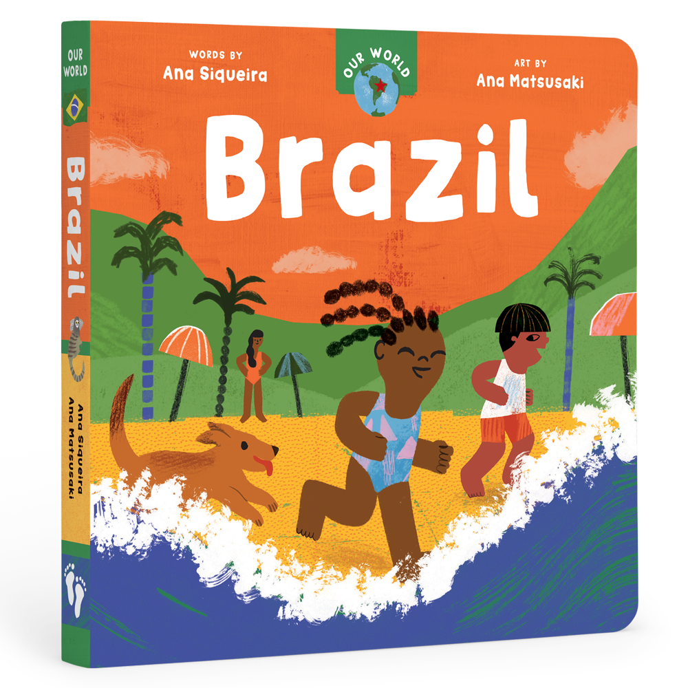 Cover of Our World: Brazil board book from J&J Shop Online, featuring colorful illustrations representing Brazilian culture.