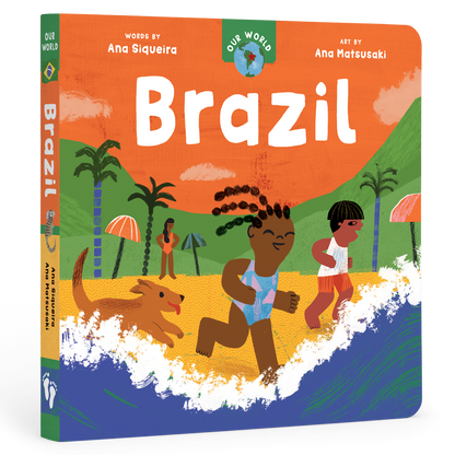 Cover of Our World: Brazil board book from J&J Shop Online, featuring colorful illustrations representing Brazilian culture.