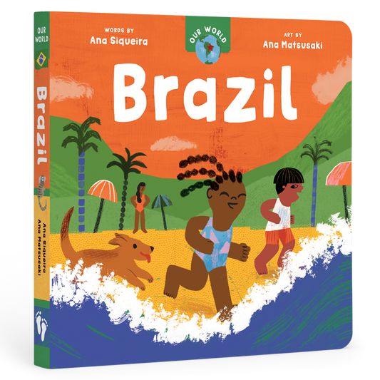 Cover of Our World: Brazil board book from J&J Shop Online, featuring colorful illustrations representing Brazilian culture.