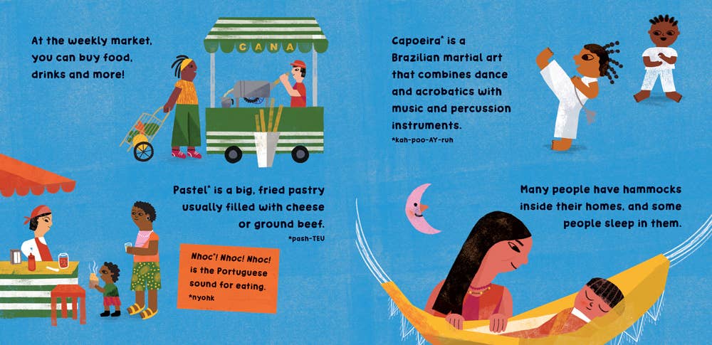 Example interior page of Our World: Brazil board book, displaying engaging illustrations and simple text about Brazilian culture.