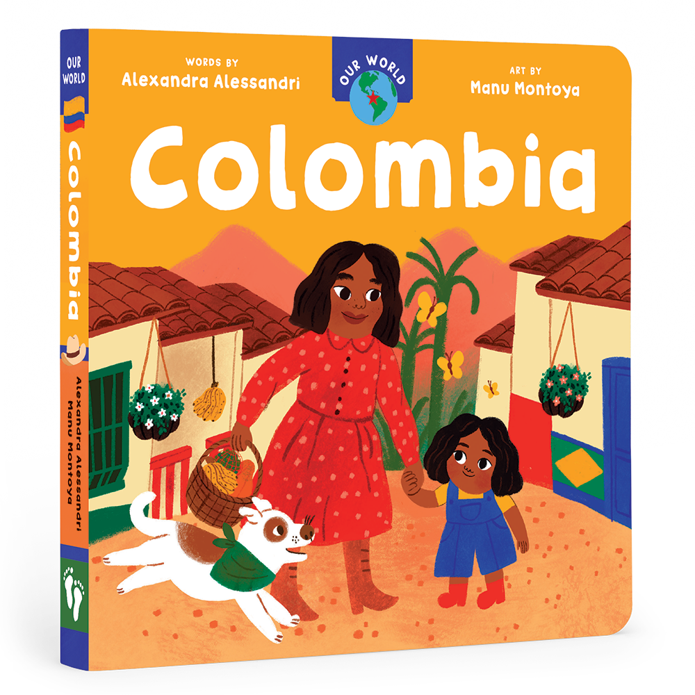 Cover of Our World: Colombia board book from J&J Shop Online, featuring vibrant illustrations of Colombian culture and daily activities.