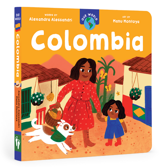 Cover of Our World: Colombia board book from J&J Shop Online, featuring vibrant illustrations of Colombian culture and daily activities.