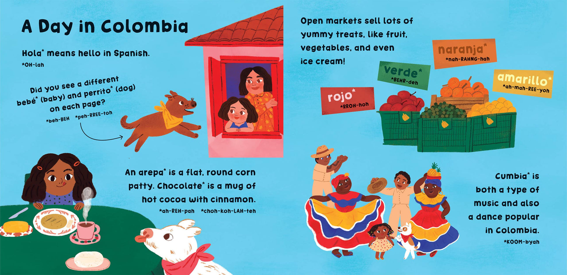 Page from Our World: Colombia featuring Bebé and Perrito counting whales in the waves, illustrating a fun and educational activity.