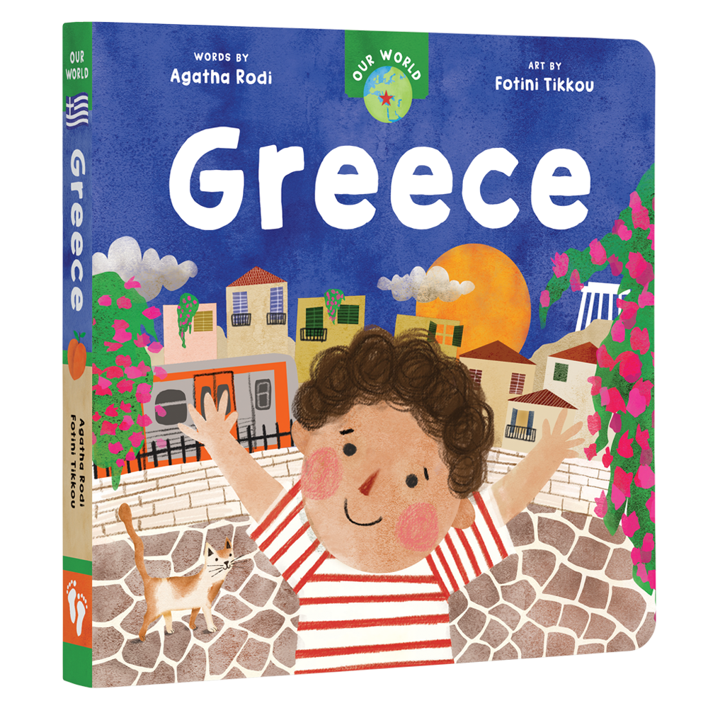 Cover of Our World: Greece board book from J&J Shop Online, featuring colorful illustrations of Greek culture and landmarks.