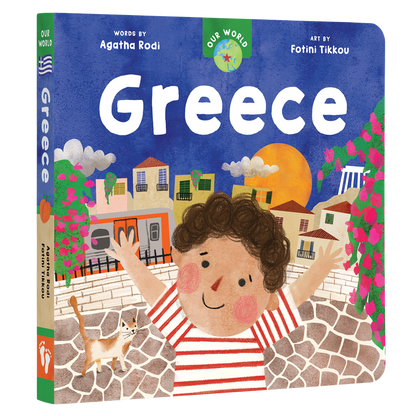 Cover of Our World: Greece board book from J&J Shop Online, featuring colorful illustrations of Greek culture and landmarks.