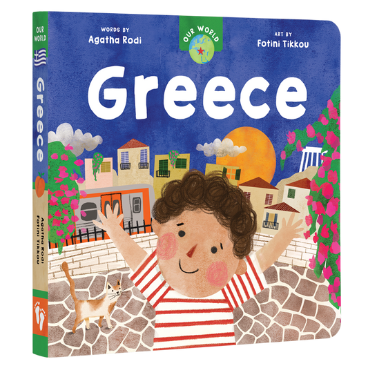 Cover of Our World: Greece board book from J&J Shop Online, featuring colorful illustrations of Greek culture and landmarks.