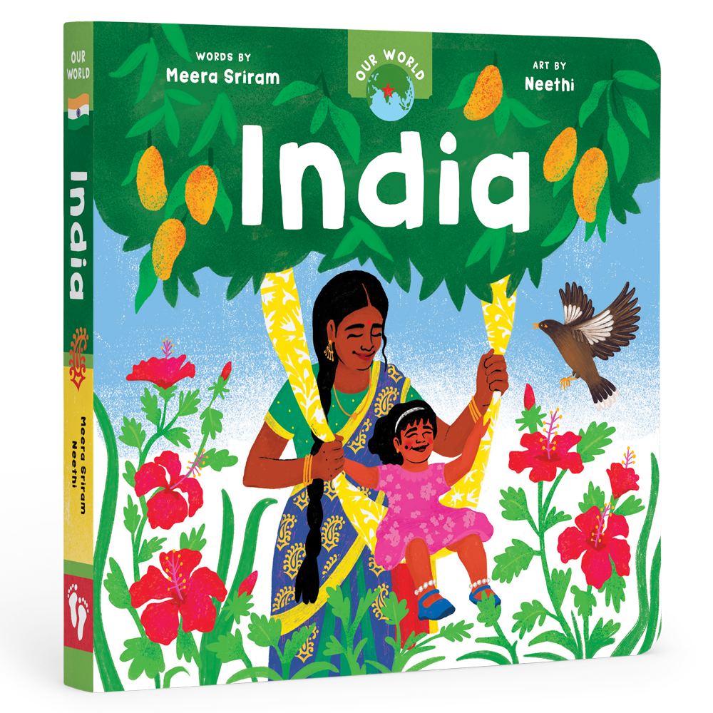 Cover of Our World: India board book from J&J Shop Online, featuring vibrant illustrations depicting Indian culture and daily activities.