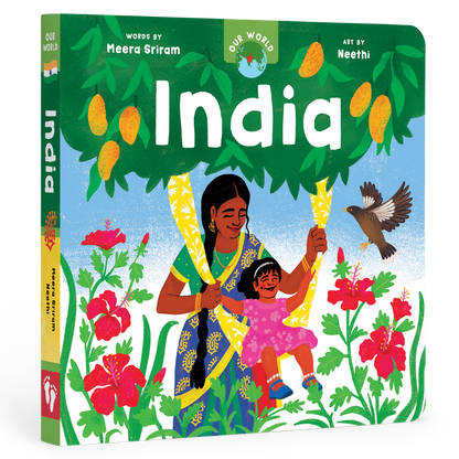 Cover of Our World: India board book from J&J Shop Online, featuring vibrant illustrations depicting Indian culture and daily activities.