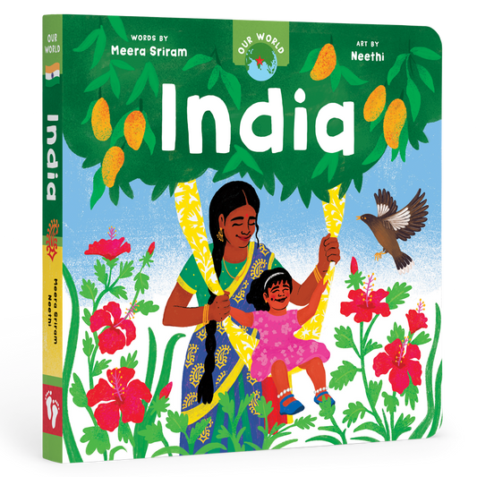 Cover of Our World: India board book from J&J Shop Online, featuring vibrant illustrations depicting Indian culture and daily activities.