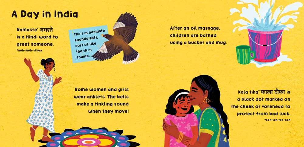 Example interior page of Our World: India board book, showcasing engaging illustrations and text about Indian daily life.