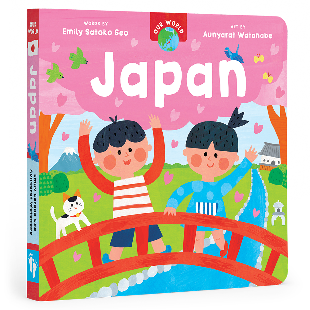 Cover of Our World: Japan board book from J&J Shop Online, featuring colorful illustrations of Japanese cherry blossoms and cultural elements.