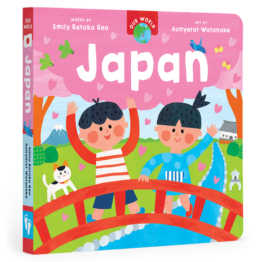 Cover of Our World: Japan board book from J&J Shop Online, featuring colorful illustrations of Japanese cherry blossoms and cultural elements.