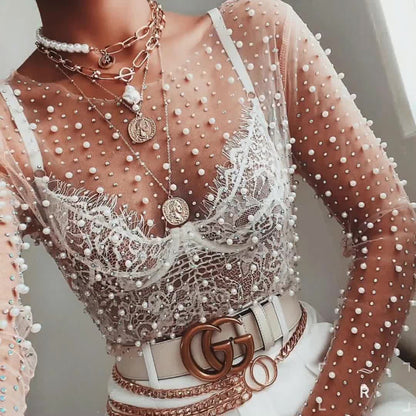 Detailed view of the Pearl Rhinestone Studded See-Through Mesh Crop Top featuring a round neck and slim fit design.