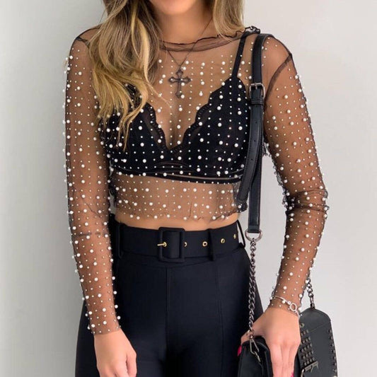 Front view of the Pearl Rhinestone Studded See-Through Mesh Crop Top, showcasing the stylish mesh fabric with fake pearls and rhinestones.