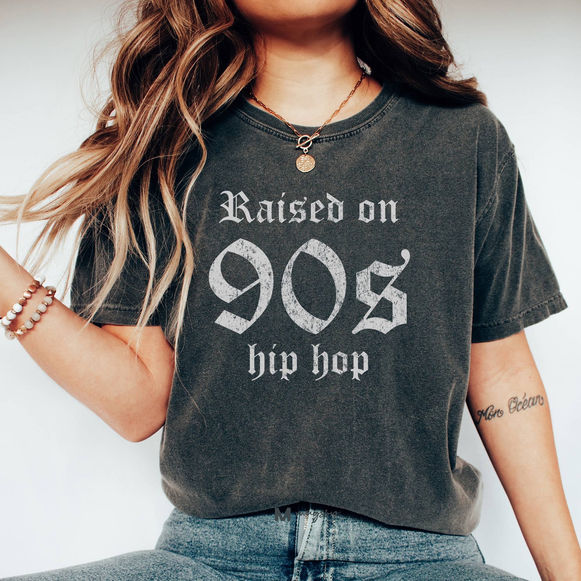 Stylish Raised on 90s Hip Hop Shirt from J&J SHOP ONLINE, featuring a retro design and soft, 100% cotton Comfort Colors fabric for a comfortable fit.