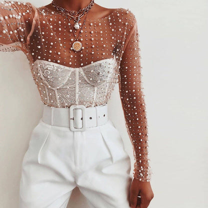 Pearl Rhinestone Studded See-Through Mesh Crop Top showcasing the sheer mesh fabric and decorative pearls.