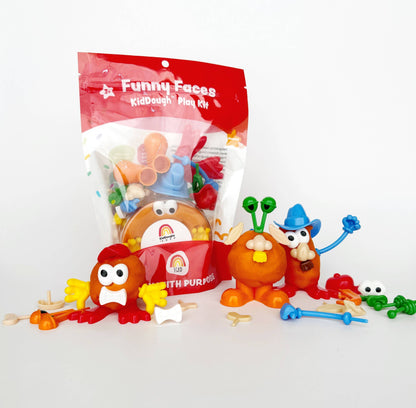 KidDough Mango Tango with various accessories for creating funny faces.