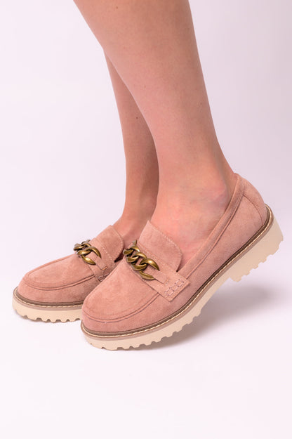 Close-up view highlighting the faux suede material and chain detail of Literally Loafers in Blush, available at J&J Shop Online.