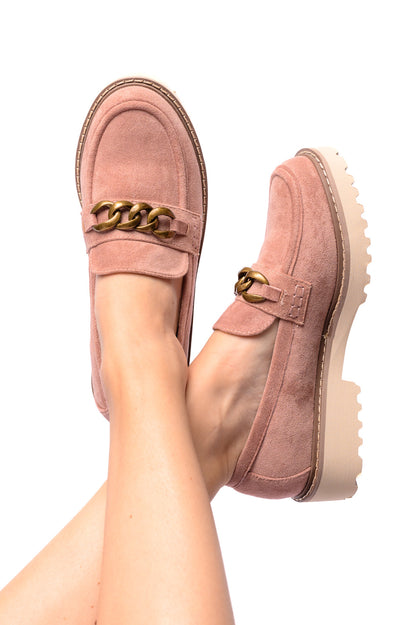 Front view of Literally Loafers in Blush Faux Suede by Corkys, featuring a 1.5" chunky heel and chain detail, available at J&J Shop Online.