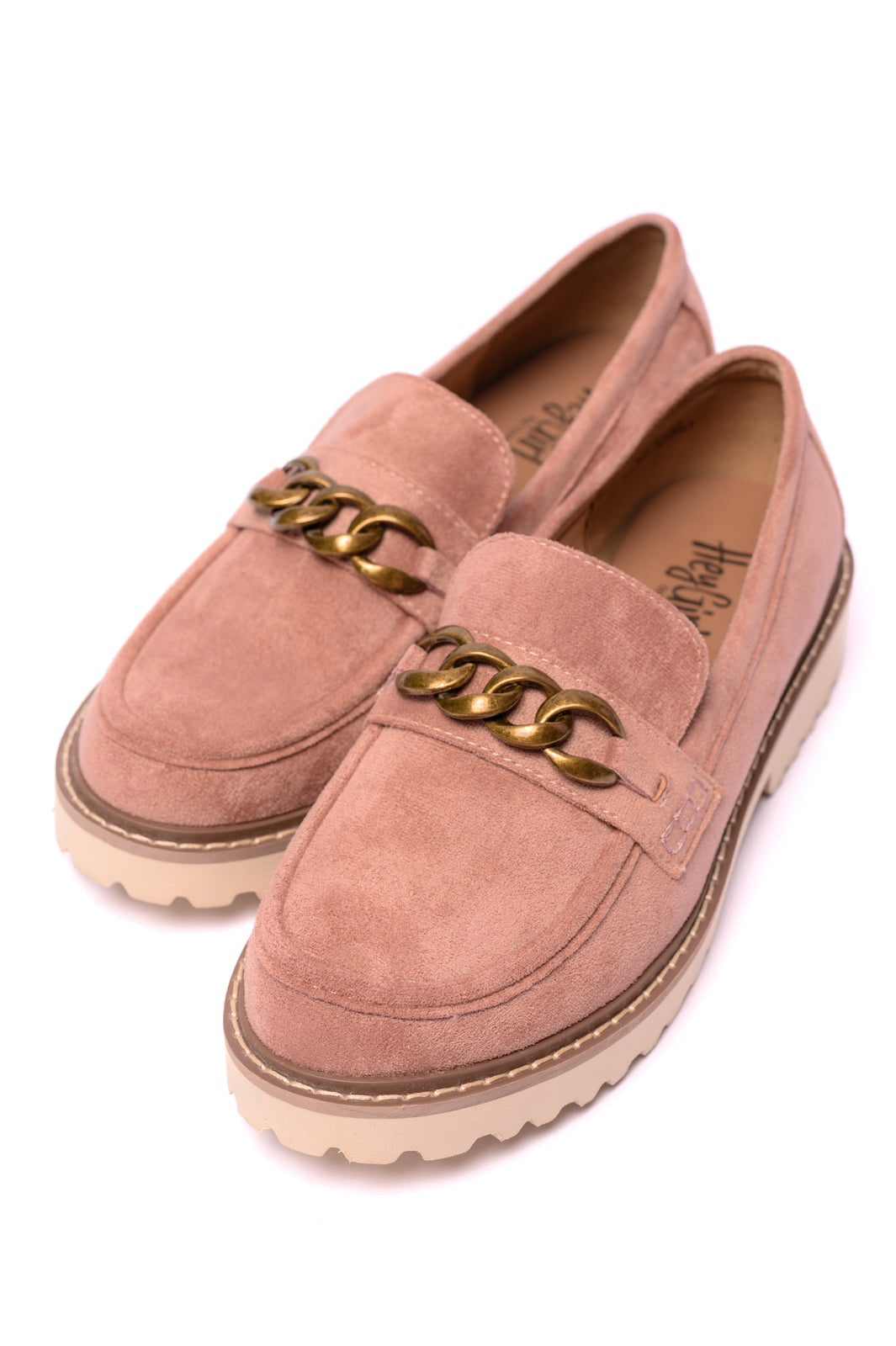 Side view showcasing the chic chain detail and chunky heel of Literally Loafers in Blush, from J&J Shop Online.