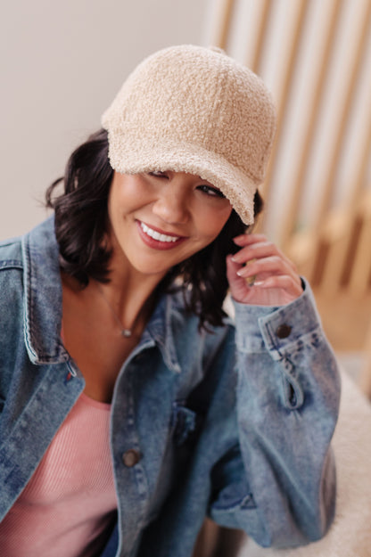 Lyla Sherpa Ball Cap from J&J Shop Online - Front view showcasing boucle fleece.