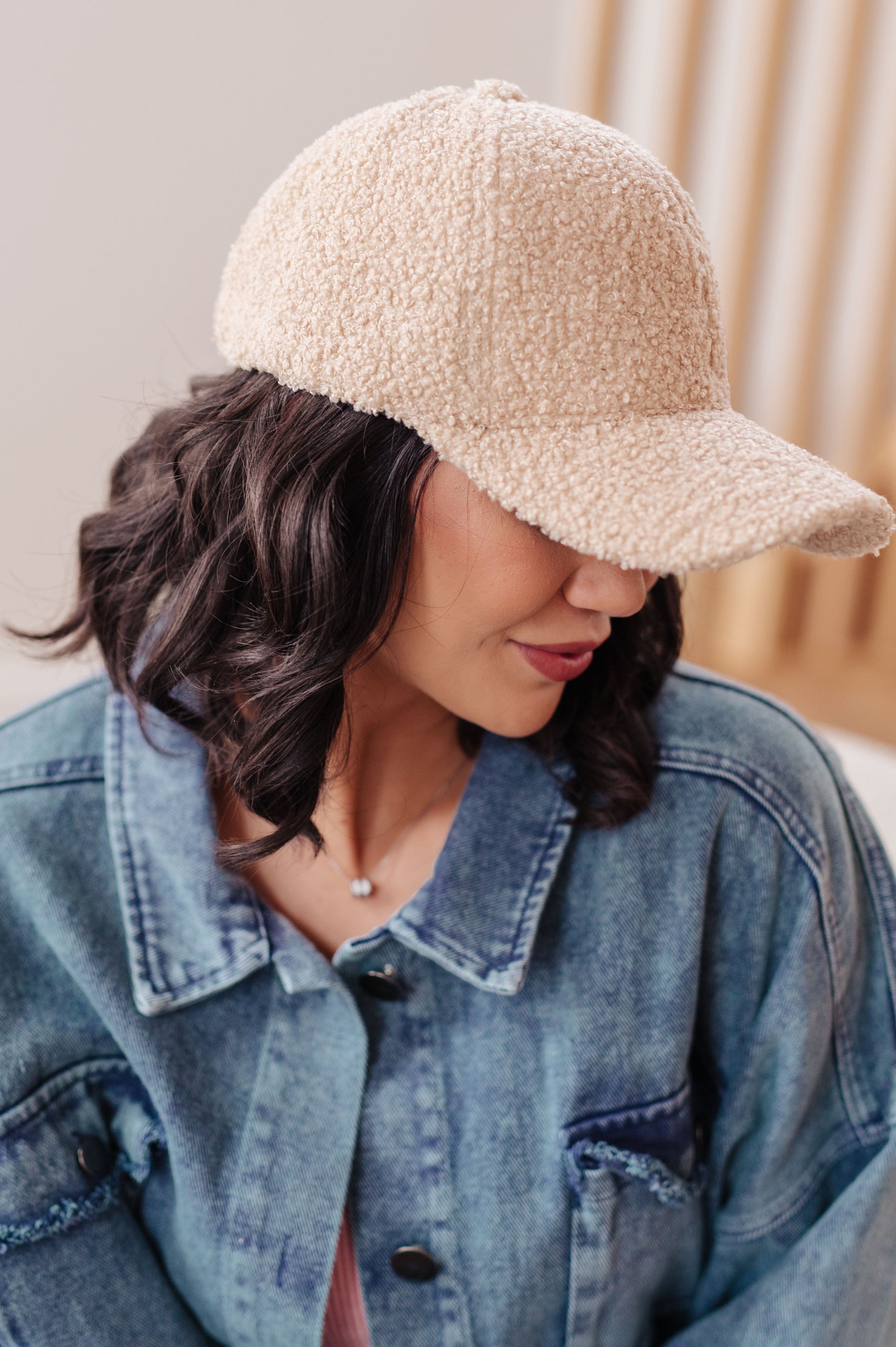 Lyla Sherpa Ball Cap from J&J Shop Online - Side view highlighting adjustable velcro back.