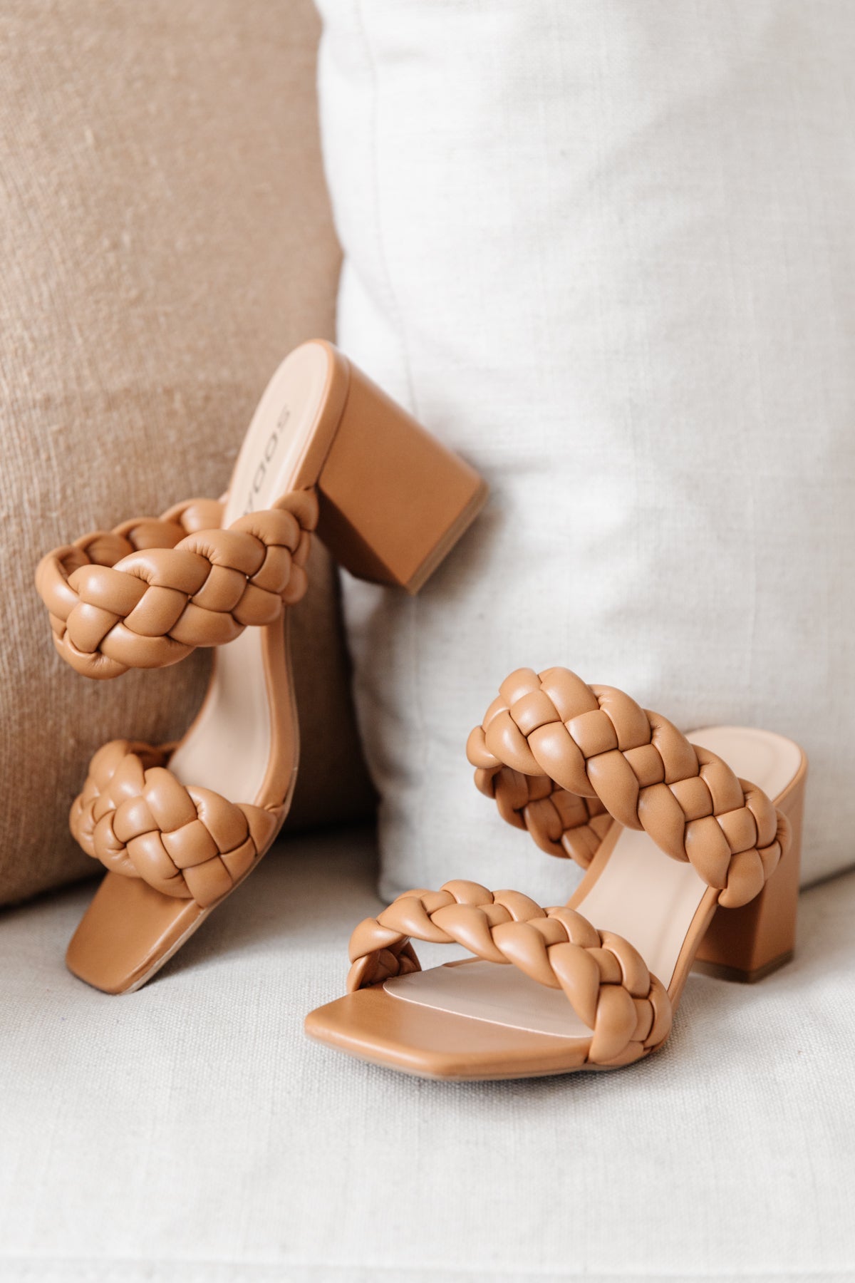 Maya Braided Heels in Tan from J&J Shop Online, side view showing twin braided strap and subtle square toe.