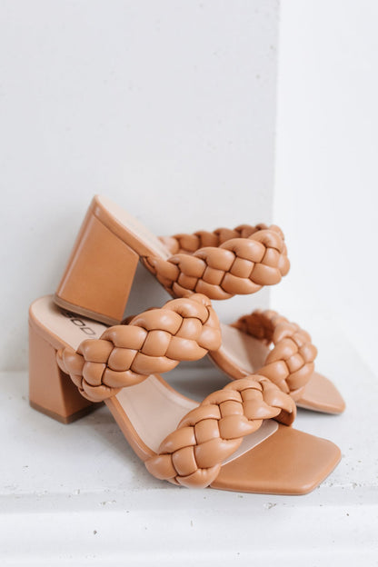 Close-up of the faux leather texture on Maya Braided Heels in Tan from J&J Shop Online, showing the quality and braiding detail.